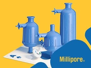 A promotional banner for Millipore featuring blue filtration equipment against a bright yellow background. The banner includes the Millipore logo in the bottom right corner.