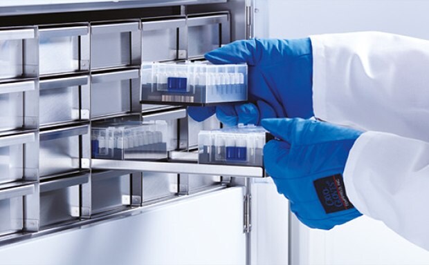 Photograph of a scientist’s gloved hands removing a box from a lab freezer