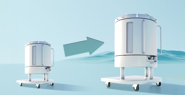 A digital illustration depicting two laboratory containers on wheels, with an arrow indicating a process or movement from the smaller container on the left to the larger one on the right, symbolizing efficiency in laboratory operations.