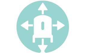 A circular icon illustrating a central figure with arrows pointing in multiple directions, symbolizing versatility or the ability to adapt in various situations.