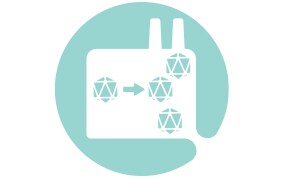 A circular icon depicting a laboratory container with arrows indicating a flow of materials or processes, representing efficiency in laboratory operations and production.