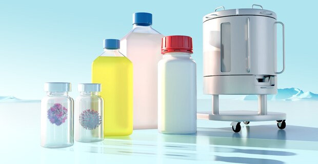A digital rendering showcasing various laboratory bottles and vials, including a large container, filled with colorful liquids and a stylized representation of a virus particle, set against a bright, minimalistic background.