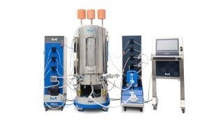 Mobius® iFlex Bioreactor 200 L in perfusion mode. Four machines all in a line, connected together with tubes and wires. 
