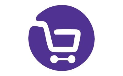 A purple circle with a shopping cart symbol, indicating support for business-to-business transactions.