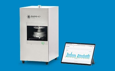 Rapid-C+ System facilitated by automated continuous data transfer to an EM management software or LIMS Automated Rapid-C+ System paired with a tablet displaying real-time air quality data.
