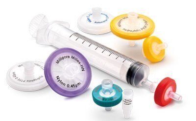 Syringe and assortment of sterile and nonsterile Millex syringe filters for applications including HPLC, UHPLC, and dissolution testing.