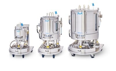 Three sizes of Mobius<sup>®</sup> ADC Reactor: 10, 100, 500 L 3 sizes of stainless steel Mobius® ADC reactors, 10 L on the left, 100 L in the middle, and 500 L to the right