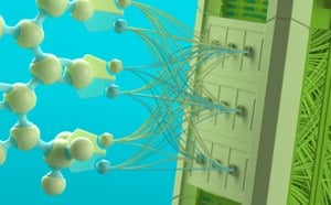 An AI-based tool represented as a green device with flowing lines extending outwards, connecting to co-formers, symbolizing the mPredict™ Co-Crystal Prediction Service for optimal drug formulation. 