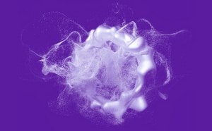 Abstract visualization of enhanced API solubility, featuring a swirling cloud-like formation on a purple background.