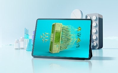 Tablet showing AI-powered co-crystal prediction for small molecule services, with molecular structures transforming into solid dose formulations. Laboratory equipment is visible in the background.