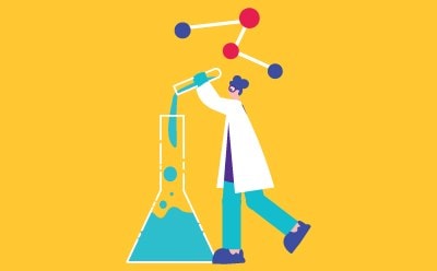 Raw Material Stains & Dyes A stylized illustration of a scientist conducting an experiment. The scientist, wearing a lab coat and protective glasses, is pouring a substance from a test tube into a large beaker filled with liquid.