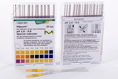 Two clear plastic boxes containing pH indicator strips with a pH range from 2.0 to 9.0. Each box features a color-coded scale on their labels for quick reference. One box is open with several test strips visible in front, alongside additional information and instructions printed on the labels. Two clear plastic boxes containing pH indicator strips with a pH range from 2.0 to 9.0. Each box features a color-coded scale on their labels for quick reference. One box is open with several test strips visible in front, alongside additional information and instructions printed on the labels.