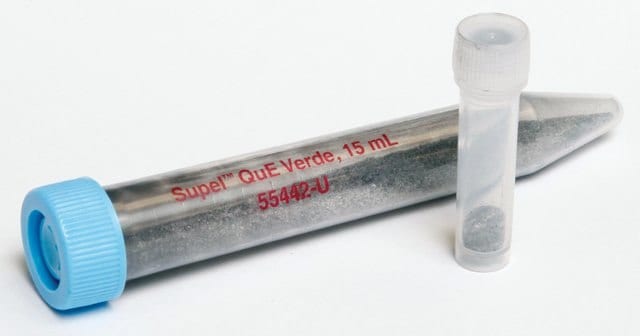 Centrifuge tube containing pre-determined amount of Supel™ QuE Verde sorbent for dSPE in challenging green matrices.
