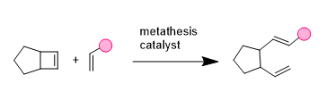 Ring-opening metathesis is driven by the is driven by the force to relieve ring strain. In absence of excess of a second reaction partner, polymerization occurs (ROMP). 