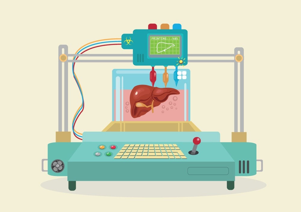 采用3D打印机以生物墨水逐层构建人类心脏的过程图示