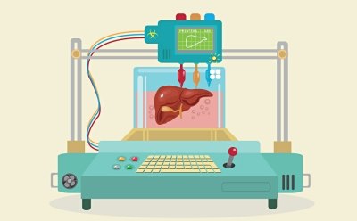 3D Bioprinting 3D bioprinter showcasing a human heart being printed inside a transparent chamber, with a control panel featuring buttons and wires connected to the printer.