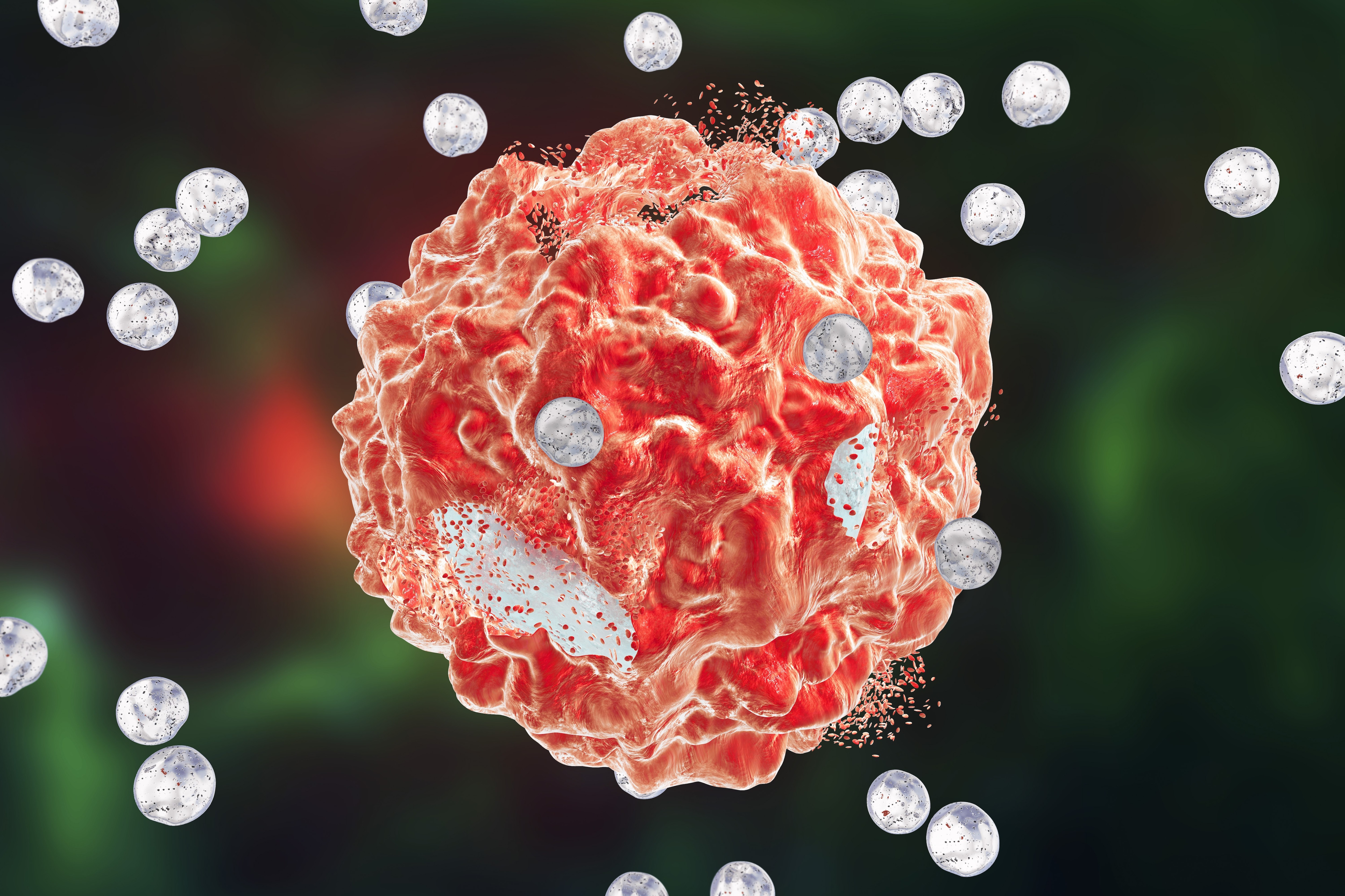 Abstract illustration of polymeric microspheres or​  nanoparticles attacking tumor cell. f poly