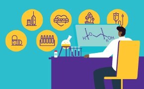 Illustration of a scientist reviewing chemical structures and pharmaceutical research data in a laboratory setting.