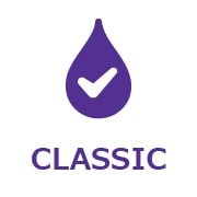Purple tear drop with a white check mark in it and the word classic below it