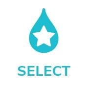 Blue tear drop with a white star in it and the word select below it