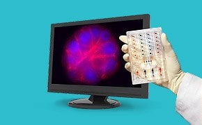  A computer monitor displaying a colorful brain scan in shades of red, blue, and purple. A hand in a white glove holds up a blister pack of pills against a turquoise background.