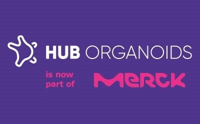 HUB Organoids is now part of {hcompany} The words 'HUB Organoids' on top with 'is now part of Merck" on the bottom, centered.