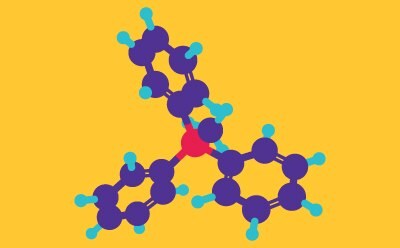 Ball-and-stick model of a molecular structure on yellow background. Purple balls represent carbon atoms, cyan balls represent hydrogen atoms, and red balls represent phosphorus atoms. The molecule shows a zigzag carbon backbone with attached aromatic rings and oxygen-containing functional groups.