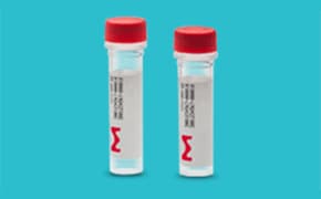 The image depicts two tubes feature clear bodies, white contents, and red-capped openings. Each tube bears an unreadable barcode label with a red squiggly line design at the bottom.