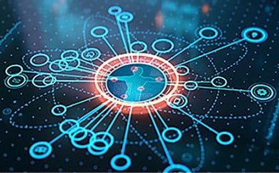 The image features a digital network visualization with a central circular node surrounded by various smaller circles connected by lines. The central node glows with a bright red outline, while the surrounding nodes are depicted in shades of blue. The background consists of a dark grid pattern, enhancing the futuristic and technological feel of the image. This design symbolizes interconnected data points or a network system, emphasizing themes of connectivity and information flow.
