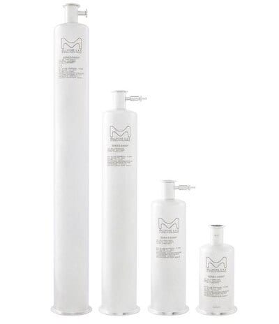 “The image displays a quartet of filter bottles, each varying in size, unified by their pristine white hue