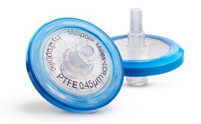 Hydrophilic PTFE Millex<sup>®</sup> syringe filter Zoomed photograph of two 33 mm Millex<sup>®</sup> syringe filters with hydrophilic PTFE membrane