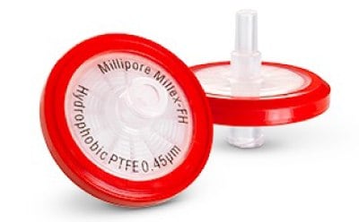 Hydrophobic PTFE Millex<sup>®</sup> syringe filter Zoomed photograph of two 33 mm Millex<sup>®</sup> syringe filters with hydrophobic PTFE membrane