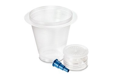 Plastic Millicup™-FLEX filter holder Photograph of a Millicup™-FLEX plastic filter holder, including polypropylene funnel, semi-reusable membrane support collar, and vacuum adapter.