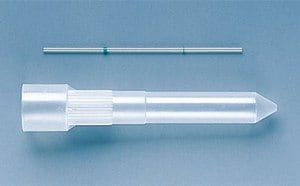 a BrandTech<sup>&reg;</sup> laboratory pipette tip. The pipette tip is transparent and is positioned in the center against a solid blue background. A pipette shaft is visible in the background.