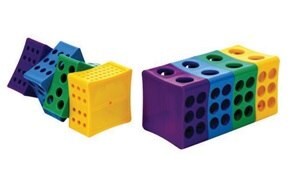 Product photos of tube racks in yellow, green, blue, and purple