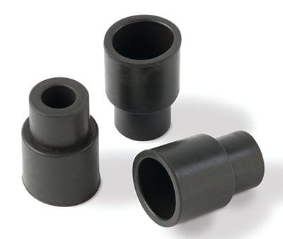 Septa Three black rubber septa displayed on a white surface, each with a conical shape due to one end being wider than the other, intended for different applications or fitments.