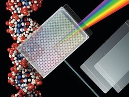 A visual representation of ThermalSeal RT™ film separating white light into its constituent spectral colors, with molecules on the left side, set against a black background with two glass slides positioned below.