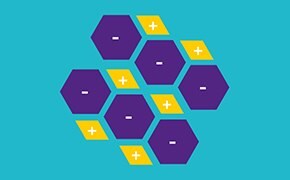 图片以茶色为背景，描绘了一簇紫色和黄色的六边形。每个黄色六边形的中心都有一个白色的加号，紫色六边形的中心则有一个减号。