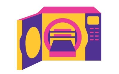 Autoclave A colorful, abstract illustration of an autoclave. It features vibrant shades of purple, yellow, and pink. The autoclave is depicted from an angular perspective, showing the front and one side. A circular window with grill lines represents the interior, and control buttons are arranged vertically to the right of the window.