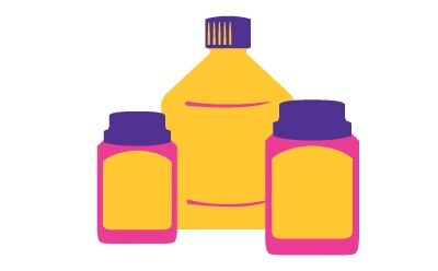 Bottles and Packaging Three containers against a white background. Two of the containers are square-shaped jars with purple lids and orange bodies. The third container is a larger, yellow bottle with a purple cap; it’s positioned between the two jars. All containers have simple, smooth designs without any visible labels or text.