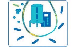 ccm-with-myco-plasma-bacteria-virus 图片描绘了蓝色过滤罐和控制装置,被艺术化的水分子和过滤基质颗粒围绕。