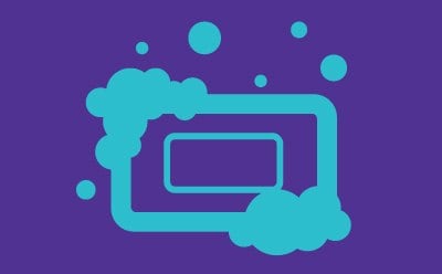 Cleaning in Place Sponge Animated bar of soap in teal with a bright purple background, with teal soap bubbles.