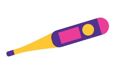 Clinical Thermometer A colorful illustration of a clinical thermometer. The body of the thermometer is primarily purple with a pinkish display screen area. There is a yellow button on the front side of the thermometer’s body. The tip of the thermometer, where the temperature sensor is located, is orange. The thermometer is not displaying any temperature reading. It’s an isolated image with no background details or additional elements present.