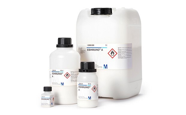 Set of ion exchange chromatography resin containers of varying sizes, with the largest on the right displaying a blue diamond-shaped hazard symbol, and two smaller bottles in front with white labels and blue text, all against a white background.