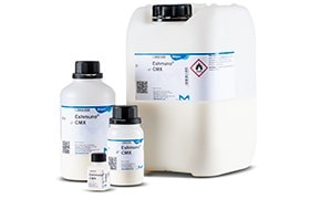 Eshmuno IEX Chromatography Resins A set of chemical containers of different sizes, all with labels and isolated on a white background. The largest is a white jerry can with a blue label and a hazard symbol for corrosive substances. There are two smaller bottles with similar labeling. The containers are marked with blue text and symbols, indicating their contents and safety information.