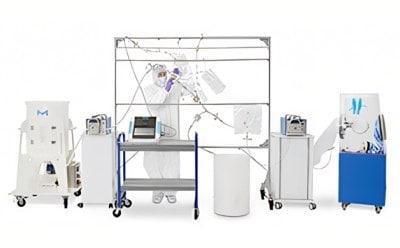 The image appears to be of a medical or laboratory setting with various pieces of equipment being inter-connected that could be used for research or treatment.