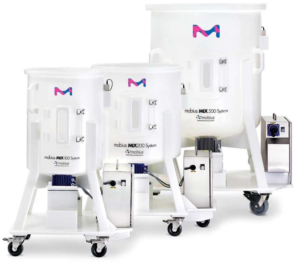 Three white mobius MIX single-use mixers ranging in size from big to small. 