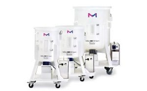 Three white mobius MIX single-use mixers ranging in size from big to small.