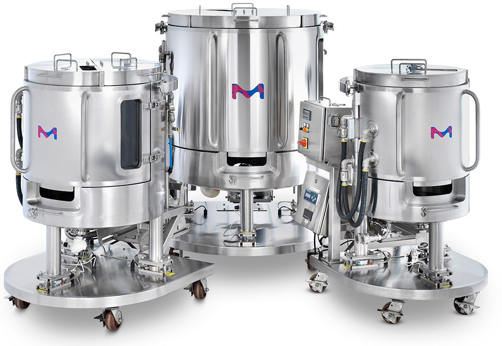 Three different sized stainless steel Mobius® Power MIX single-use mixers; medium on left, large in center, and small on right.