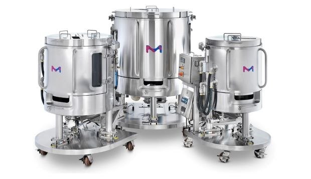 Three different sized stainless steel Mobius® Power MIX single-use mixers; medium on left, large in center, and small on right.